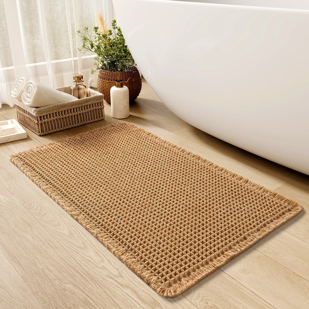 AbsorbEase | Waffle Bath Mat with Fringes – Quick-Dry & Non-Slip