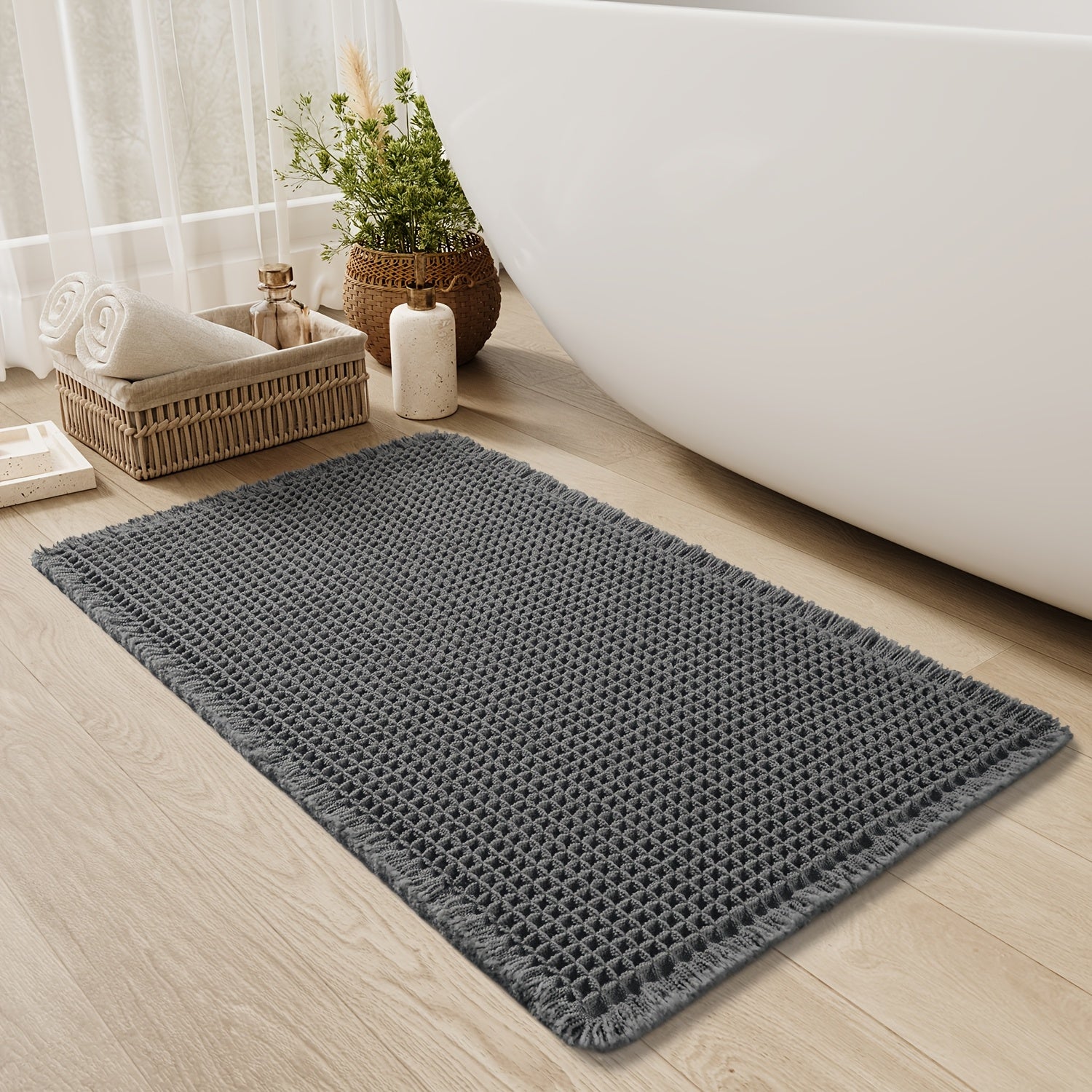 AbsorbEase | Waffle Bath Mat with Fringes – Quick-Dry & Non-Slip
